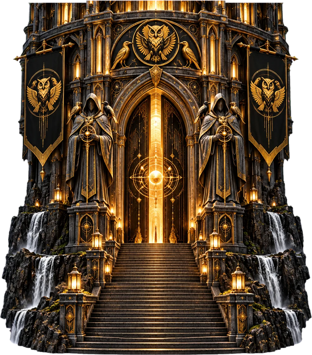 Portão da torre, com escadaria e porta iluminada
